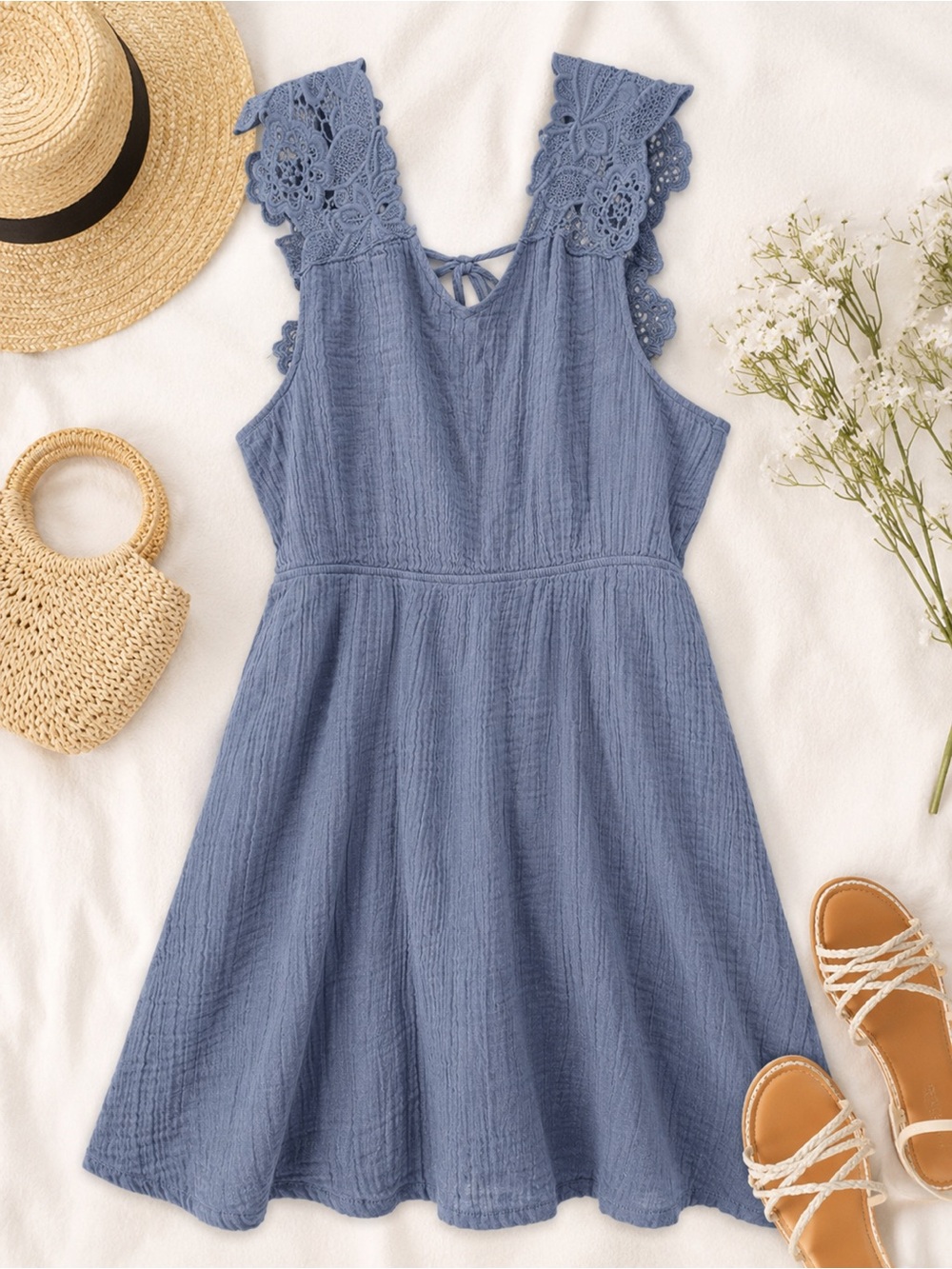 Cleo + Wolf Blue Gauze Crochet Lace Dress NWT Size Large
